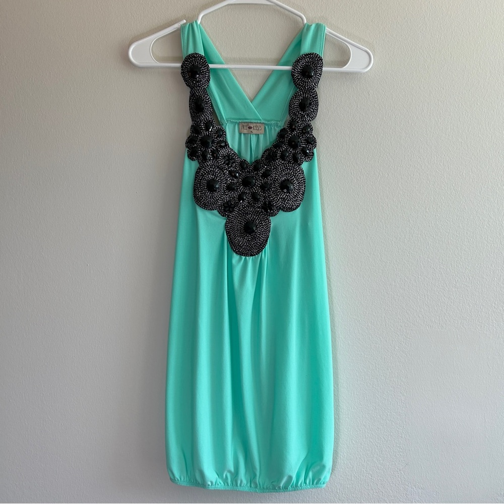 NWT Free Kisses Aqua Y2K Tank Top with Black Beaded Accents Size XL